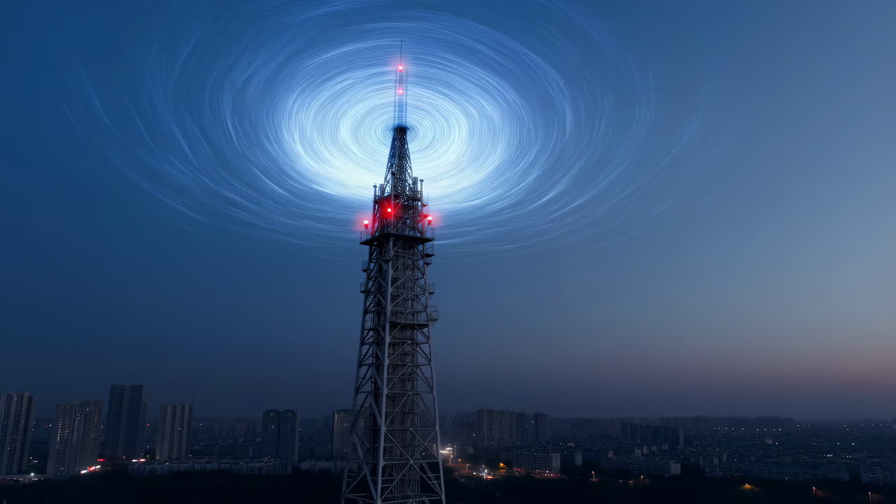 Communication Tower with Ethereal Blue Vortex over City Skyline at Twilight