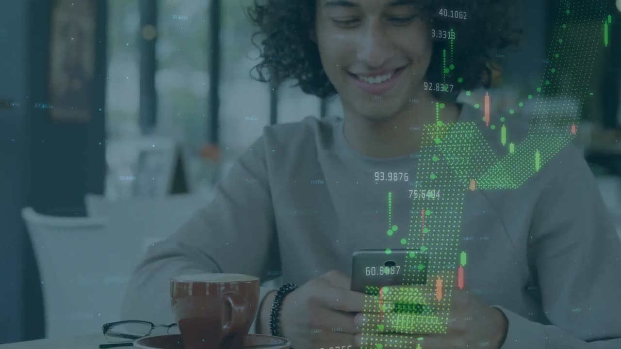 animación de estadísticas y procesamiento de datos sobre un empresario que usa un teléfono inteligente