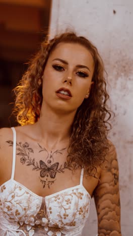 vertical video of tattooed woman posing at warehouse pillar as fire ignites behind close up