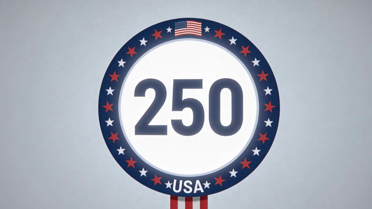 Playing circular badge glowing, zooming on gray set, to highlight 250, navy ring, USA flag, stripes