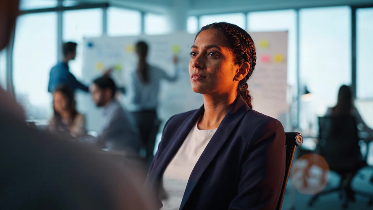 Professionnel concentré en milieu de bureau, engagé dans une conversation enrichissante avec des collègues, entouré d'un environnement de travail collaboratif et de dynamiques d'équipe.