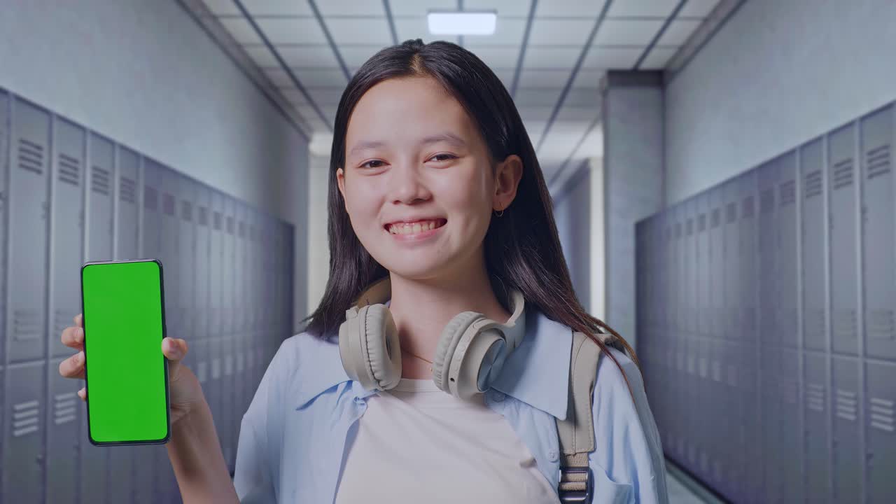 복도에 서 있는 동안 녹색 화면 스마트폰을 카메라에 보여주는 배을 들고 있는 아시아 십대 소녀 학생의 클로즈업