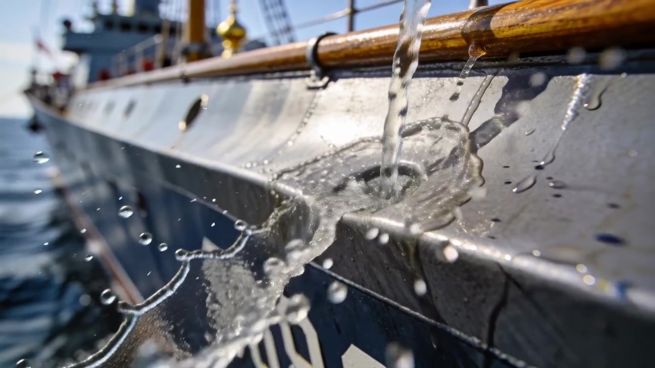 Pouring vertical water stream overhead striking dark metal hull gunwale, spraying over brass rail