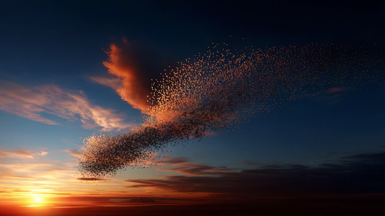 A breathtaking display of nature as a mesmerizing formation of tiny creatures dances through the colorful sky at sunset, creating a stunning contrast against the vibrant clouds