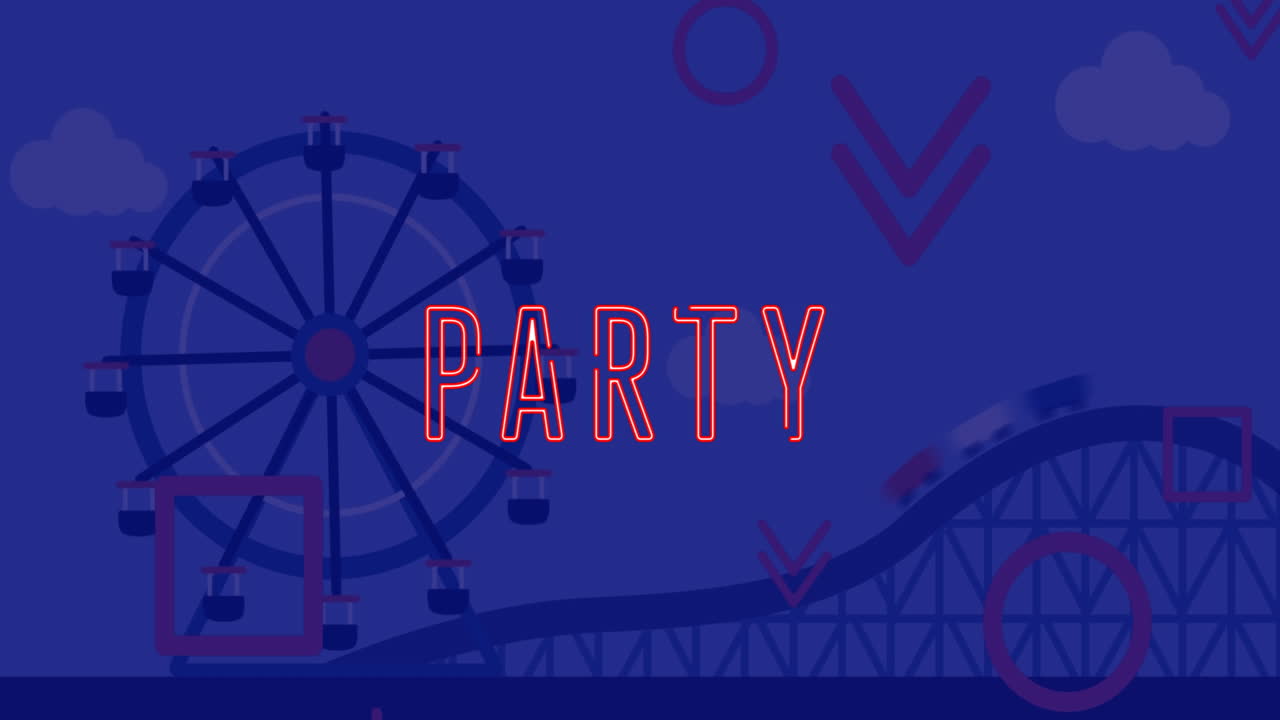 Animation of party text with geometric shapes over amusement park rides