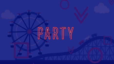 animation of party text with geometric shapes over amusement park rides