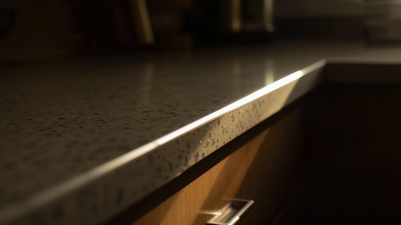 Shifting light showing speckled countertop edge and cabinet in kitchen, with metal pull and glint