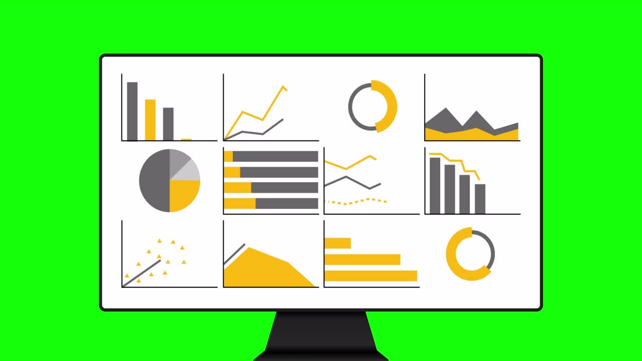 conjunto de infografías animadas. animación de doce gráficos y gráficos diferentes en color naranja presentados en el monitor simulacro aislado en fondo verde. imágenes de alta calidad 4k
