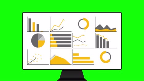 conjunto de infografías animadas. animación de doce gráficos y gráficos diferentes en color naranja presentados en el monitor simulacro aislado en fondo verde. imágenes de alta calidad 4k