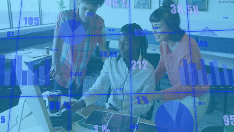 Animation-of-changing-numbers-and-graphs-over-diverse-coworkers-discussing-reports-on-computer