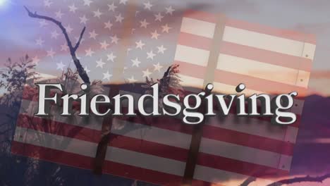 Friendsgiving-Text-über-Amerikanischer-Flagge-Vor-Landschaft-Mit-Bergen-Und-Bäumen