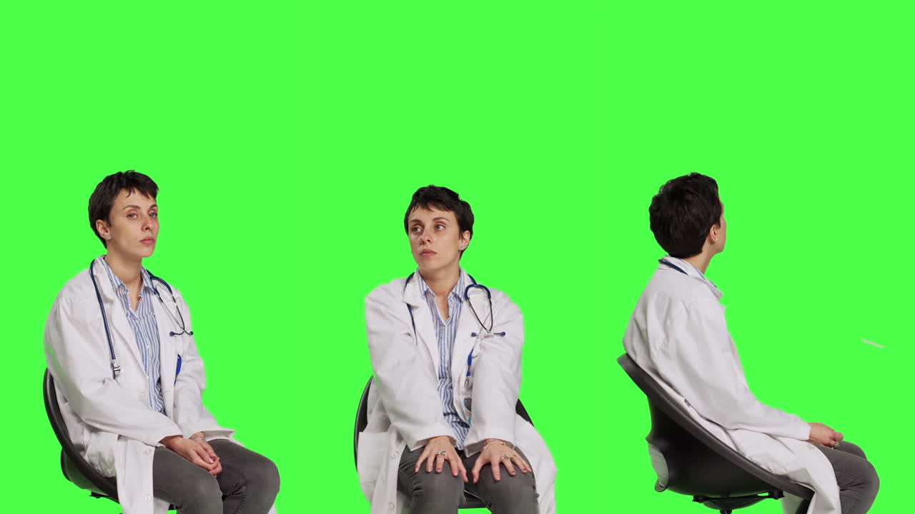 백색 코트를 입은 의사가 상담에서 환자를 기다리고 있습니다.