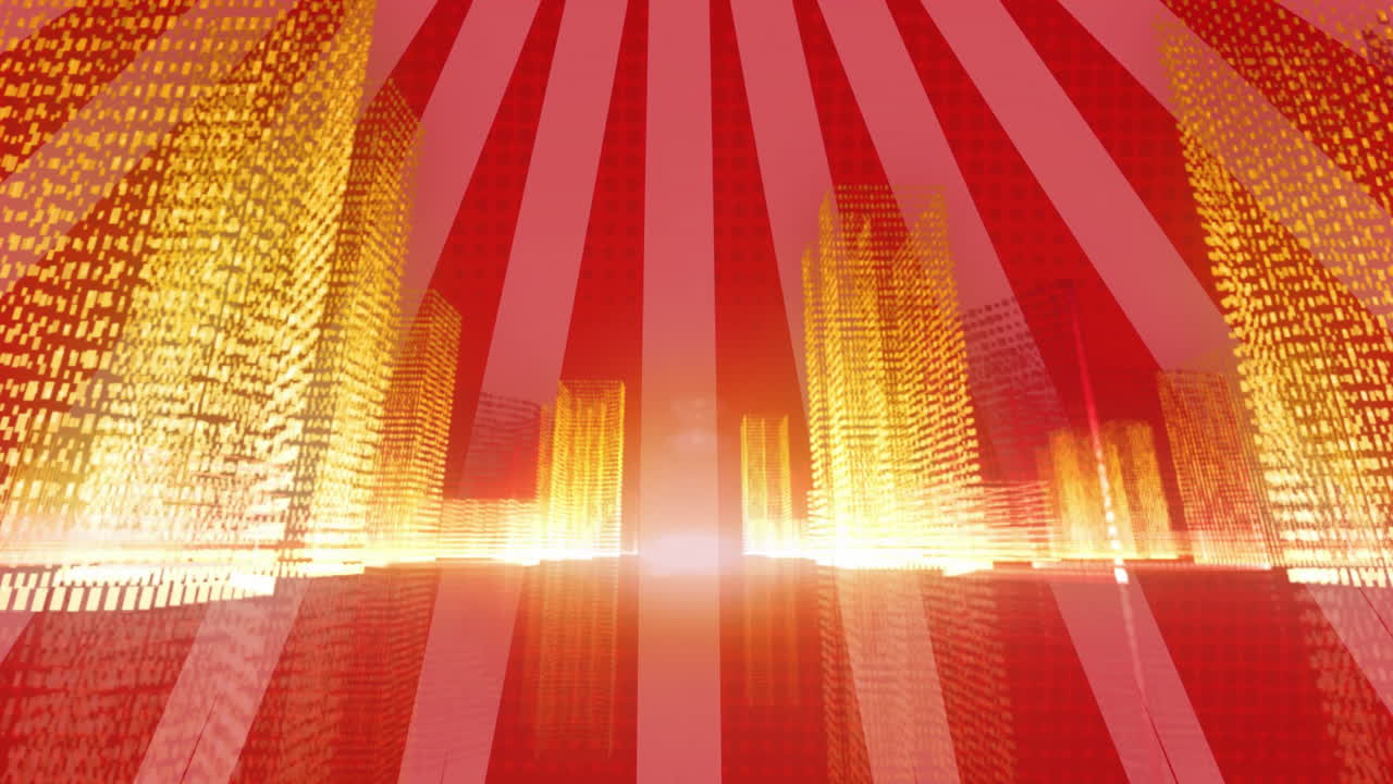 Animating golden skyscrapers and red rays over cityscape background