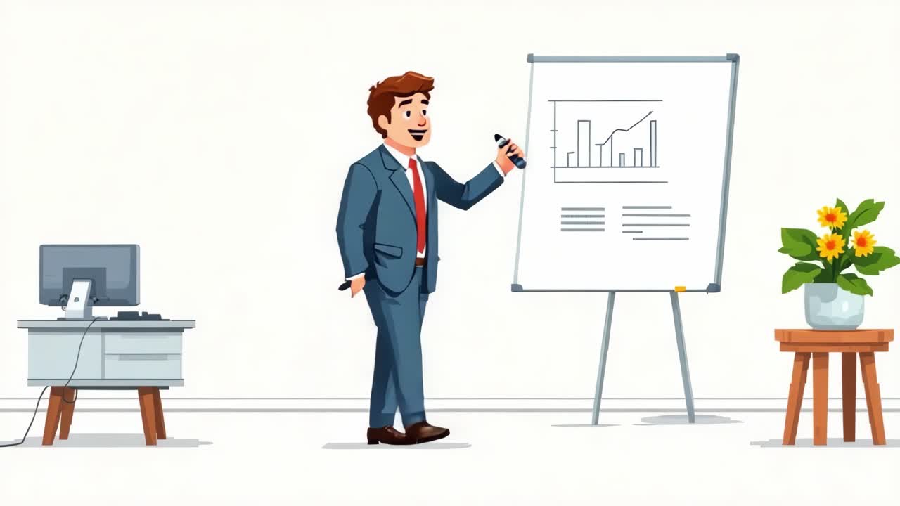 Businessman in a suit presenting data on a whiteboard, with a computer and potted flowers in a modern office, showcasing professional growth and teamwork concepts