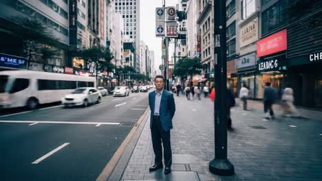 Man standing on a bustling city street with motion blur