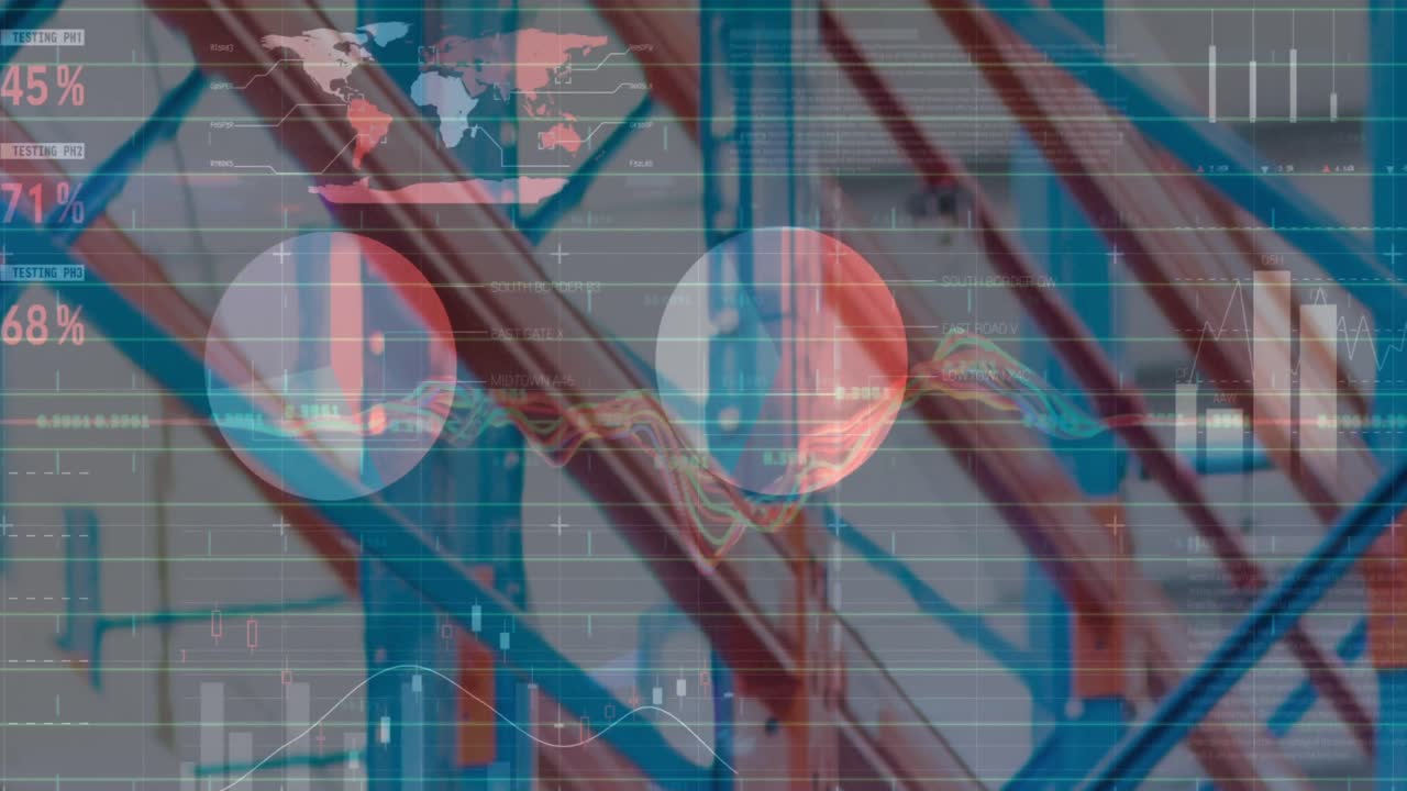 animación del procesamiento de datos en un almacén vacío