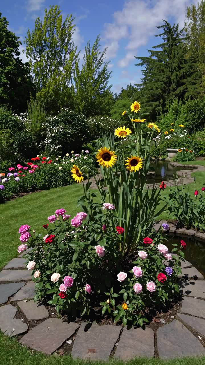 Girasoli e rose vivaci che fioriscono in un bellissimo giardino estivo.