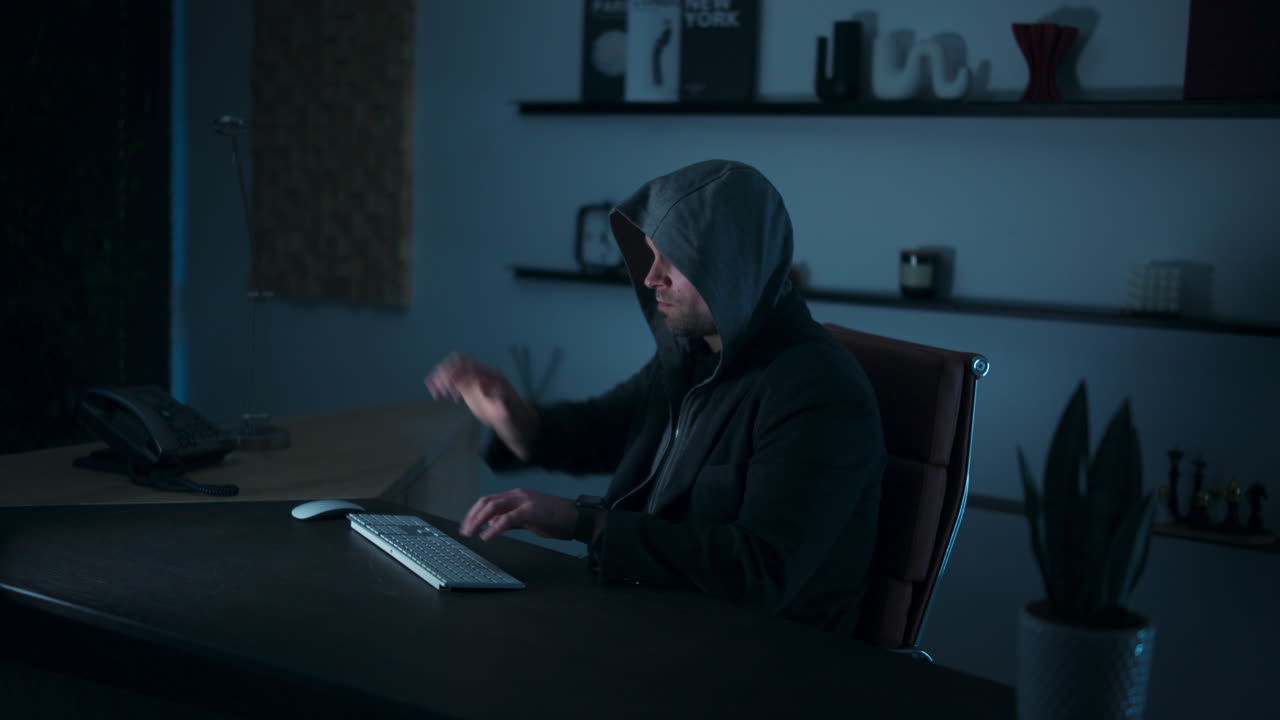 Hooded man sliding an invisible manipulatable hologram in his room