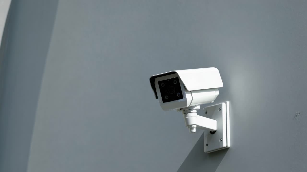 Telecamera di sicurezza minimalista su una parete bianca, leggermente angolata verso l'alto