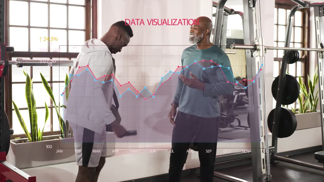 Man with duffel walking into gym greeting trainer getting coaching as data overlay covering barbell