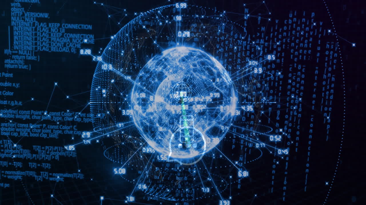 globo digital con puntos de datos y codificación binaria, animación de red global