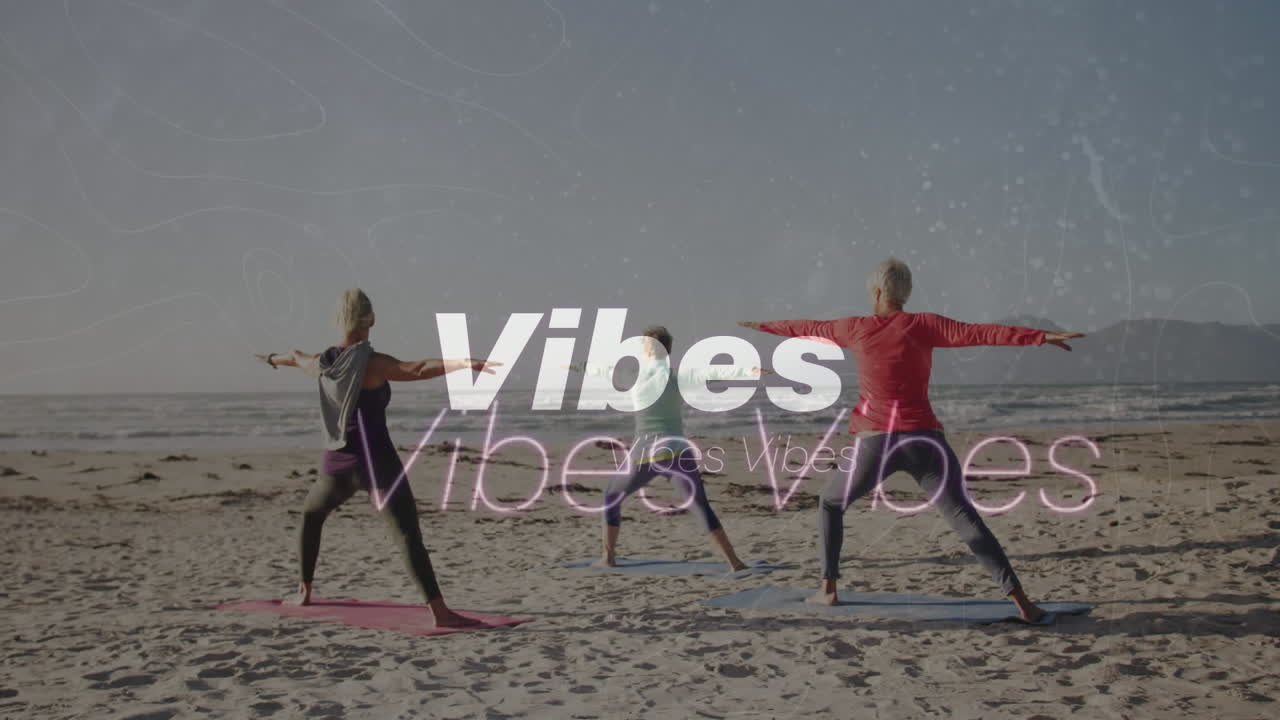 animation von textvibes, in weiß, mit frauen, die yoga am strand machen