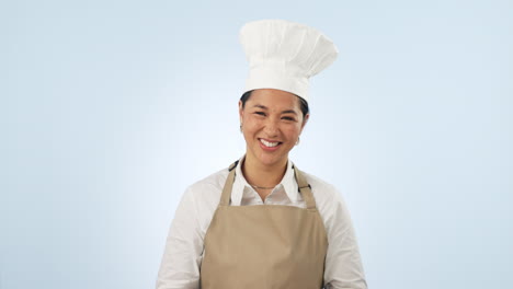 mujer, chef y cara con los pulgares hacia arriba para el éxito