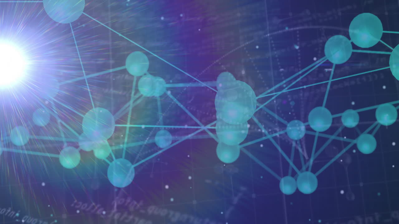 In animation, blue molecular structure glowing over scientific data background