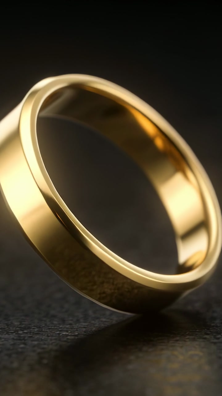 Vertical video: Rotating gold ring starting on edge, pivoting on point on dark table under lamp