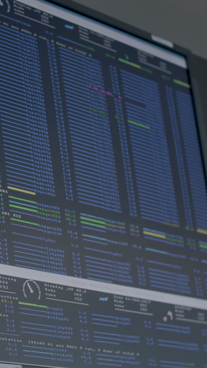 Vertical shot of financial data on computer screens in a modern office