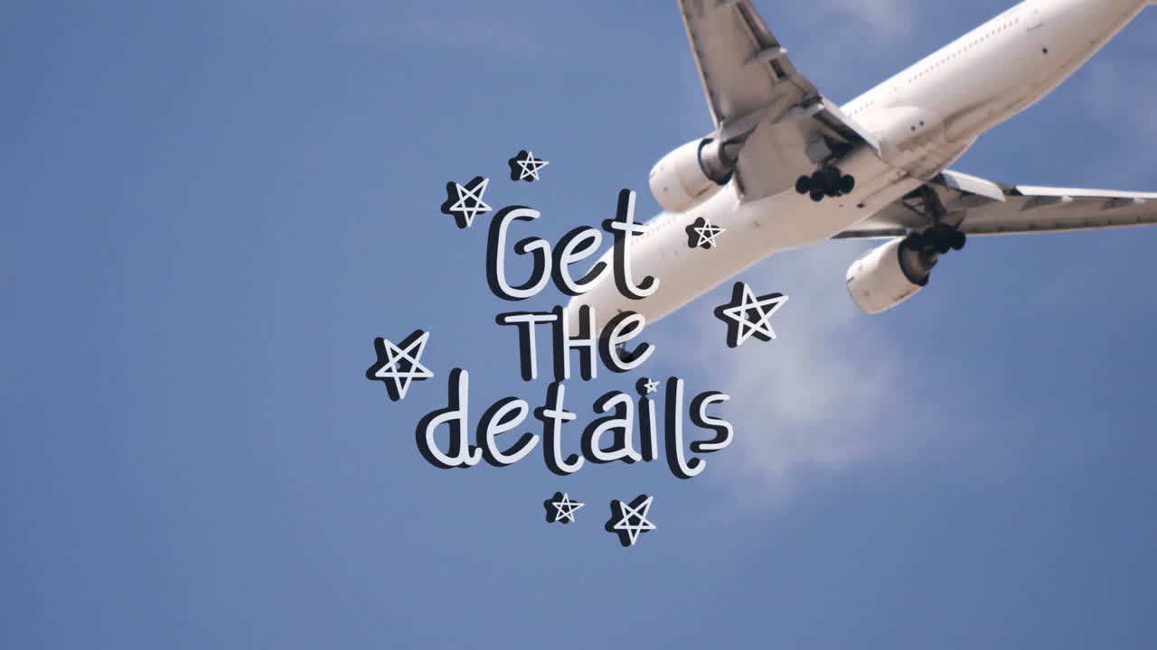 Flying airplane overhead with animation of text and star graphics