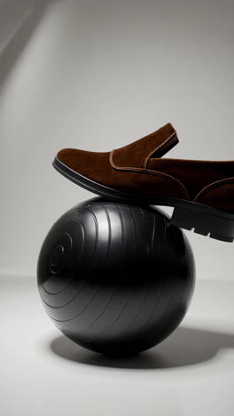 brown suede loafer on black exercise ball