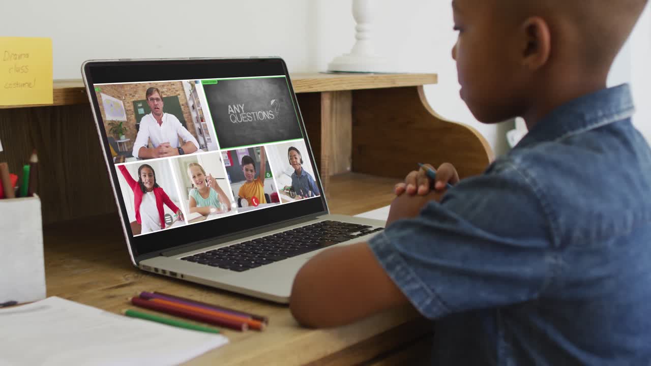 Composite video of boy using laptop, in online lesson, diverse teacher and class on screen