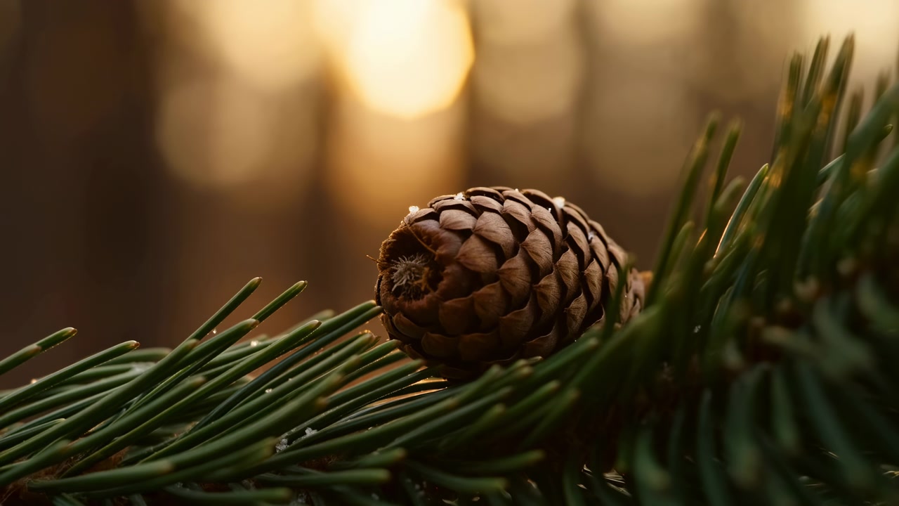 Una piccola pigna chiusa poggia su aghi di sempreverde disposti diagonalmente in una vista bassa della foresta, con scaglie dettagliate da goccioline d'acqua, fini cristalli di neve, un bokeh morbido e una calda retroilluminazione, con pino, pigna e sempreverde.