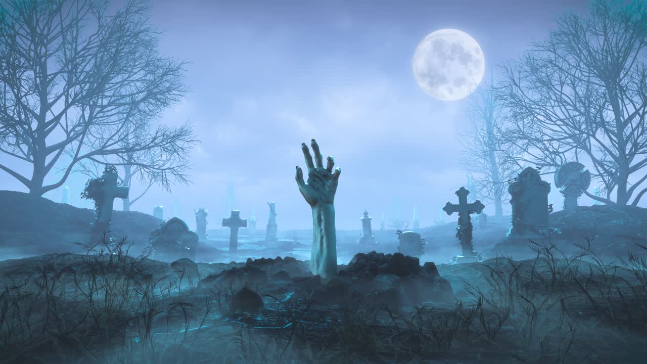 La mano dello zombie striscia fuori dal terreno di notte sullo sfondo della luna nel cimitero.