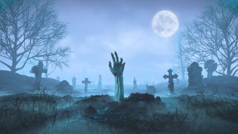 de hand van de zombie kruipt's nachts uit de grond tegen de achtergrond van de maan op het kerkhof.