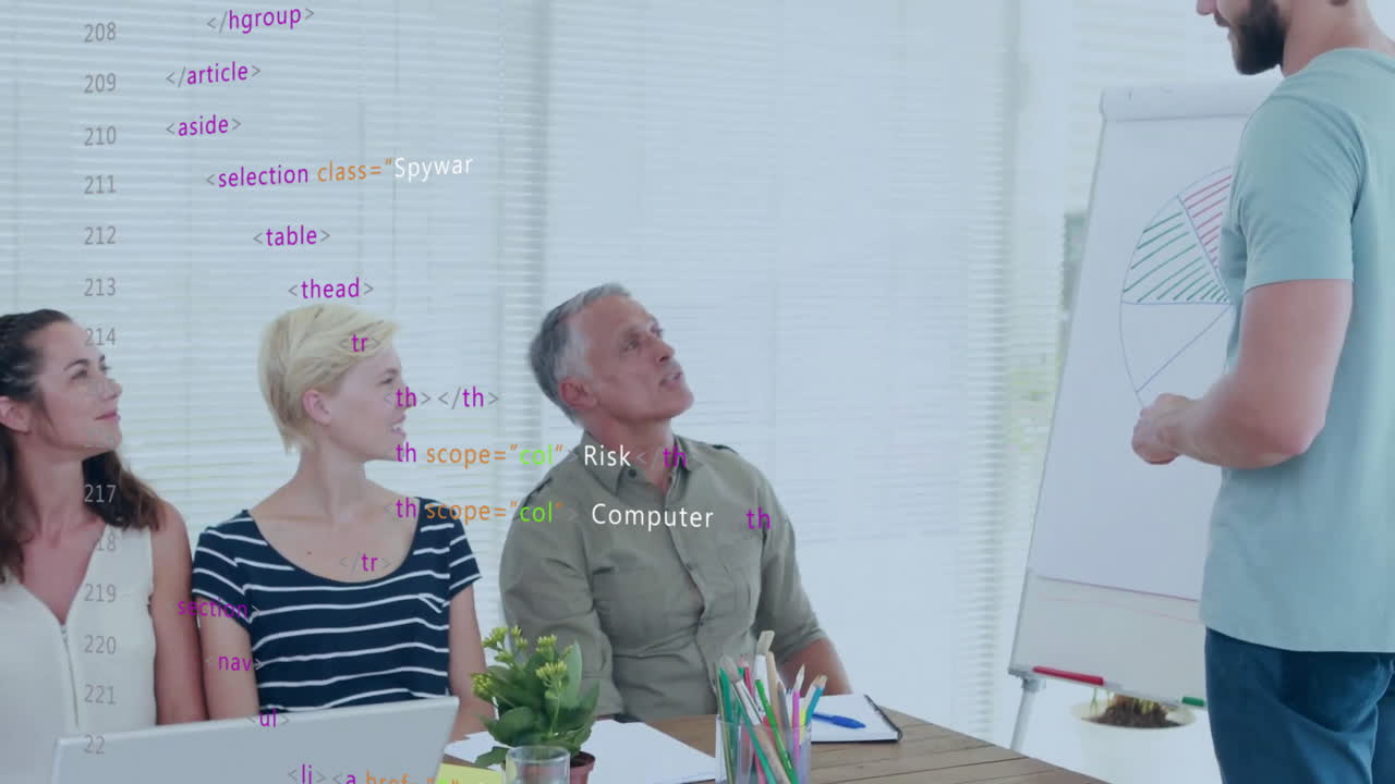 animación del procesamiento de datos financieros sobre diversas personas de negocios en la oficina