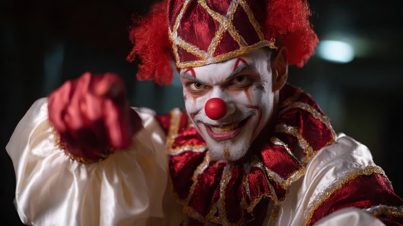 A Fearsome Clown Engaging the Viewer with an Intense Gaze and Gestures, Bringing Elements of Surprise and Intrigue into the Scene