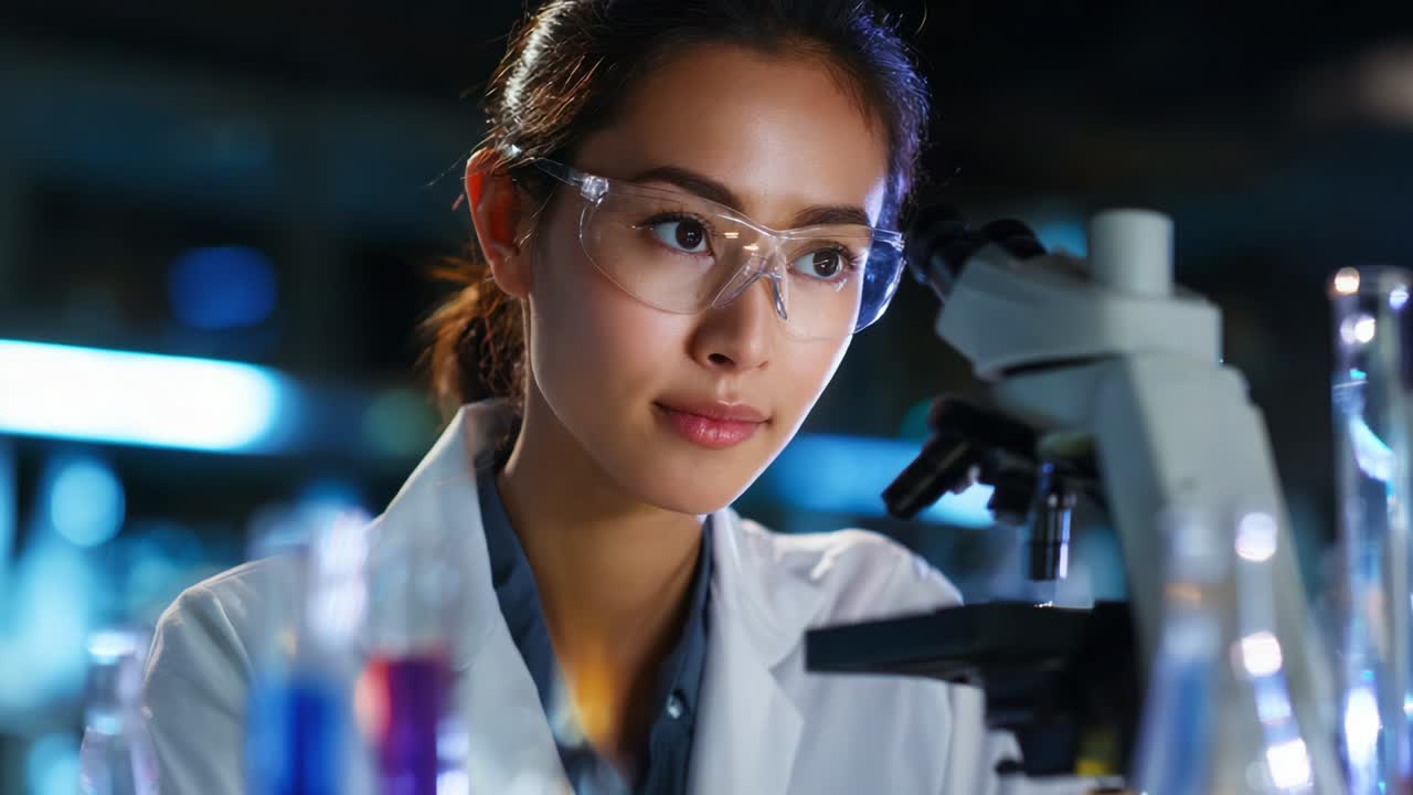 A focused young female scientist working diligently in a laboratory environment, examining samples under a microscope while surrounded by colorful beakers and test tubes, emphasizing her dedication to scientific research