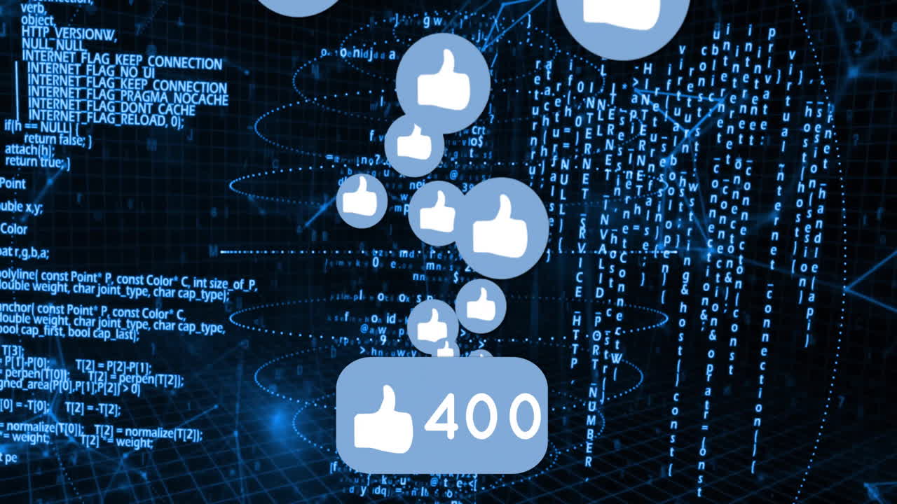 Animazione di icone "mi piace" e numeri su uno sfondo di dati digitali e codice binario.