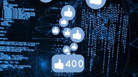 pulgares hacia arriba iconos y números animación sobre datos digitales y fondo de código binario