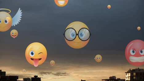 animación de iconos emoji volando sobre el paisaje urbano al atardecer