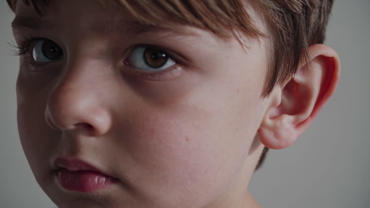 Close-up video still of a child's face, capturing an introspective expression