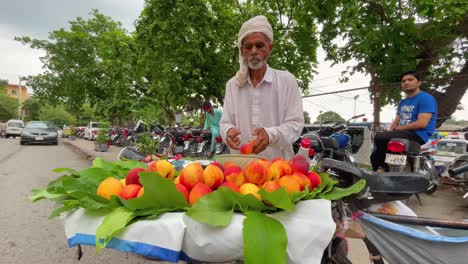 profile view of a roadside pakistani food seller cutting peaches under daylight. locals at background.