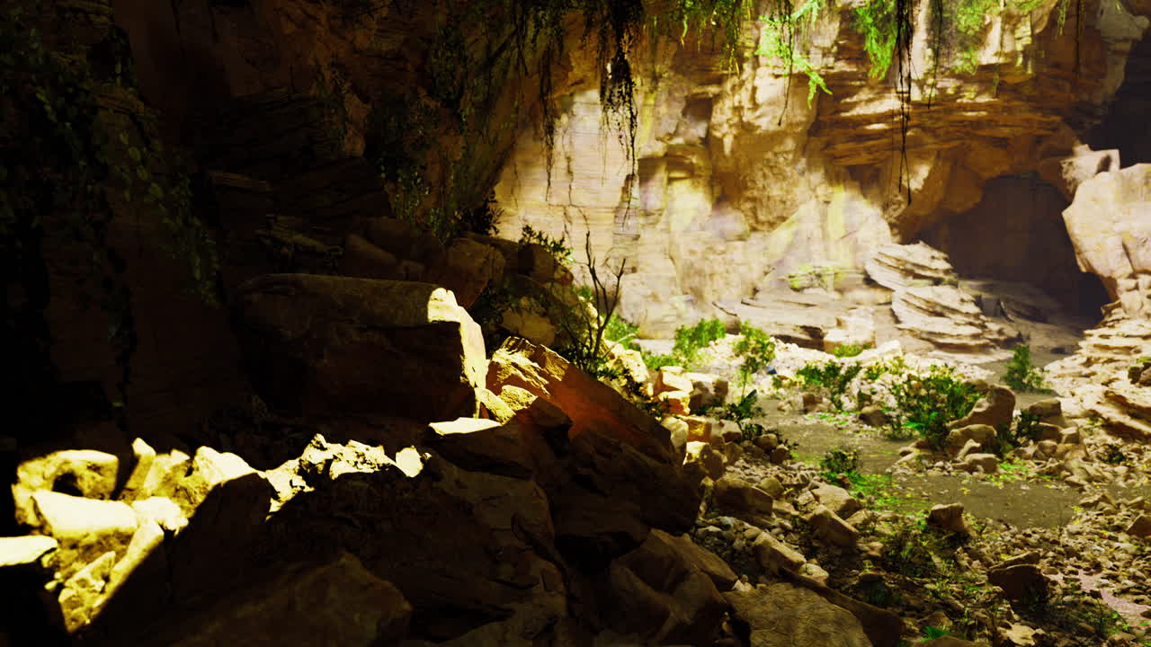 Exploring a hidden cave with lush greenery and rocky formations during daylight