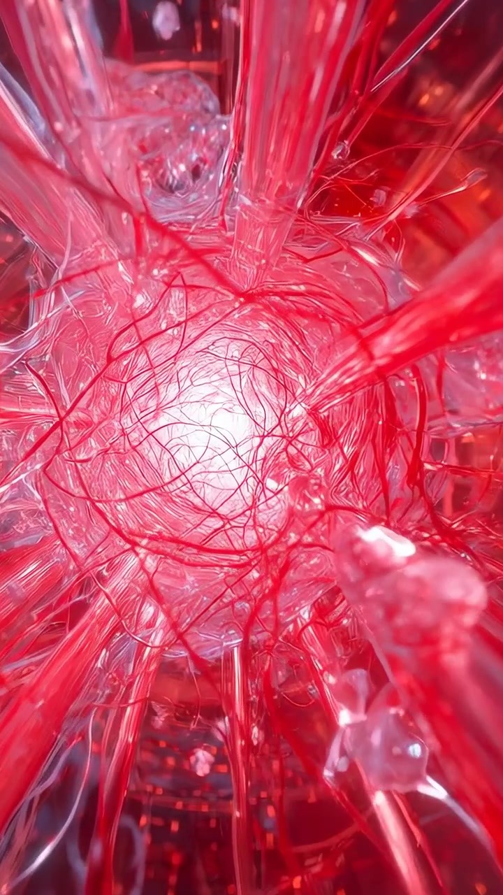 Video vertical: Núcleo luminoso pulsante surgiendo en una cavidad, filamentos rojos tensándose, tubos, gotas.