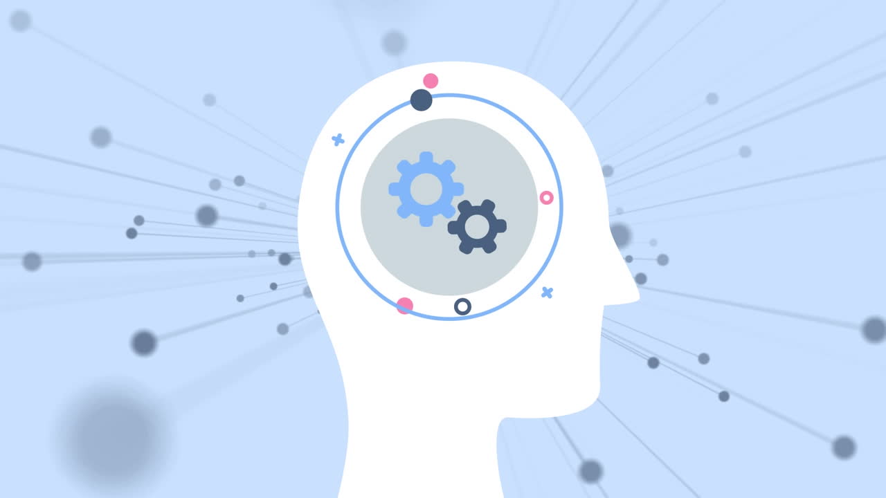 파란색 배경에 회전하는 기어를 가진 머리 위의 반점의 애니메이션