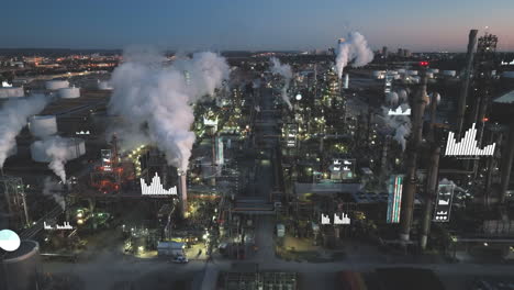 aerial reveal through smoke of high tech oil refinery