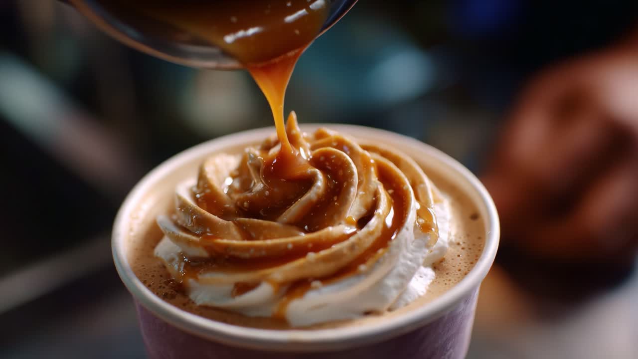 Deliciosa y cremosa bebida de postre con nata montada y salsa de caramelo en dos impresionantes fotogramas