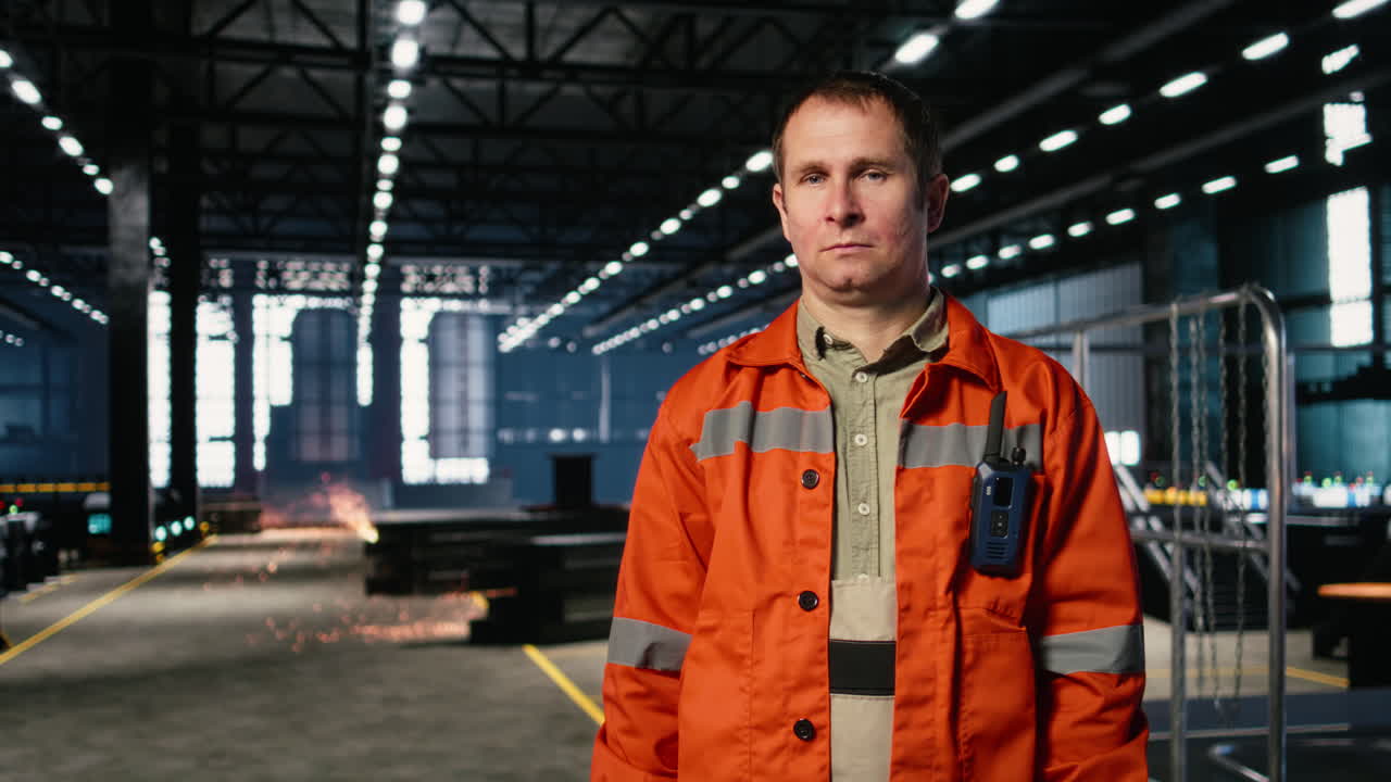Portrait of worker standing beside heavy machinery in a warehouse facility